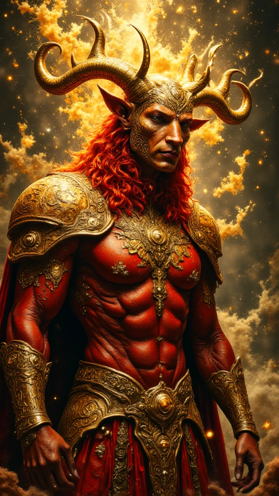 (best quality,4k,8k,highres,masterpiece:1.2), ultra-detailed, (realistic,photorealistic,photo-realistic:1.37), dynamic flames, celestial elements, sexy male model:1.1, personification of zodiac sign Aries, bold and confident traits of Aries, ram horns on head, strong muscular build, intense gaze, fierce expression, charismatic aura, fiery red hair, chiseled features, sculpted abs, perfect physique, full body, nude, large erect penis, alluring charm, seductive smile, radiating confidence, striking pose, passionate energy, dramatic lighting, intense shadows, ethereal glow, vibrant colors, powerful presence