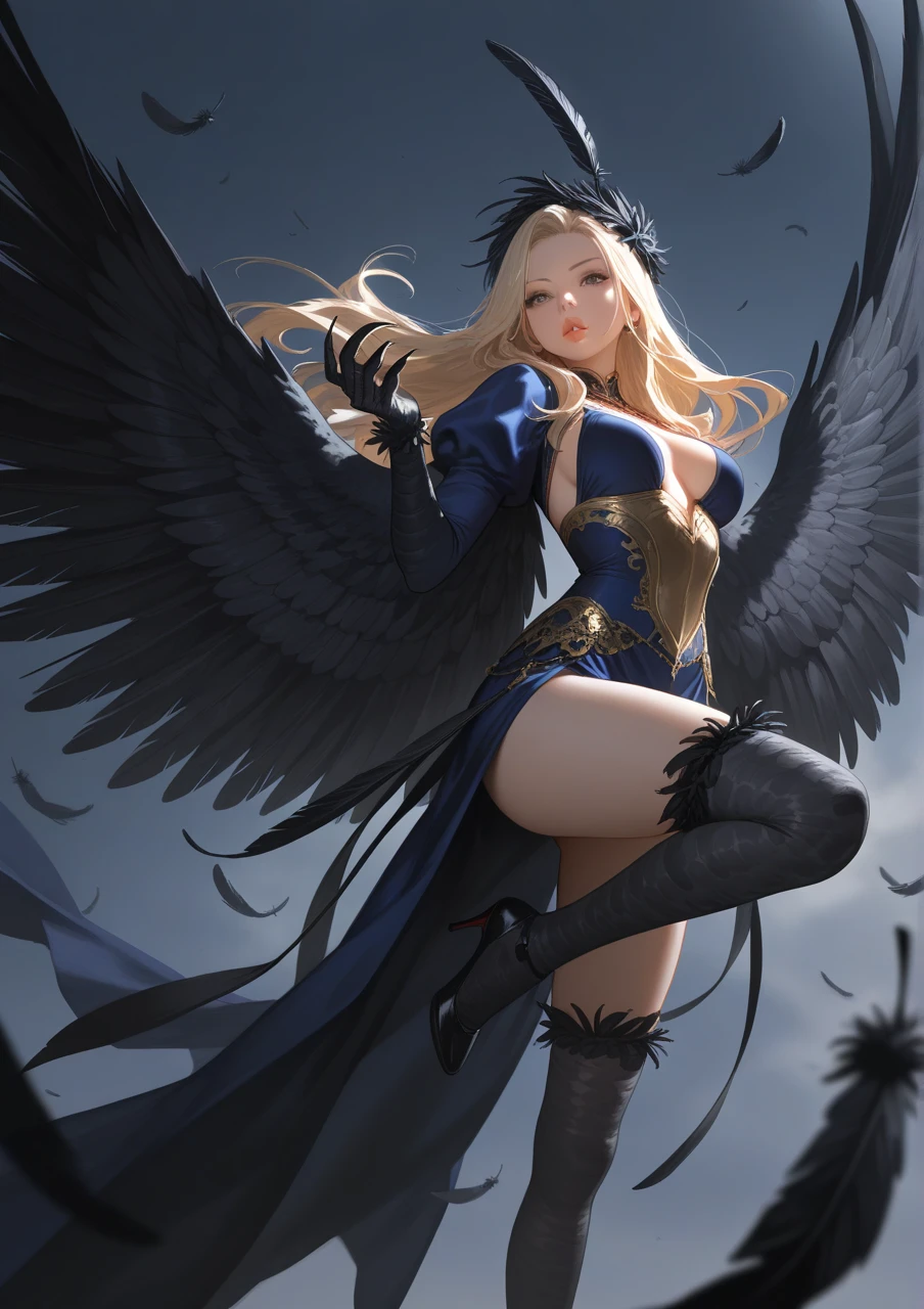 Quality over 8K, a female angel,Sexy,Long Blonde Hair,Anime,Goddess,Symmetrical blue eyes,Ultra detailed eyes,Transparent lingerie,forest,Sword,golden wings,Full body,hyperdetailed lips, hyperdetailed face, Double eyelids, Ultra Detailed feet,で,Beautiful legs,Tight boots,Full leg