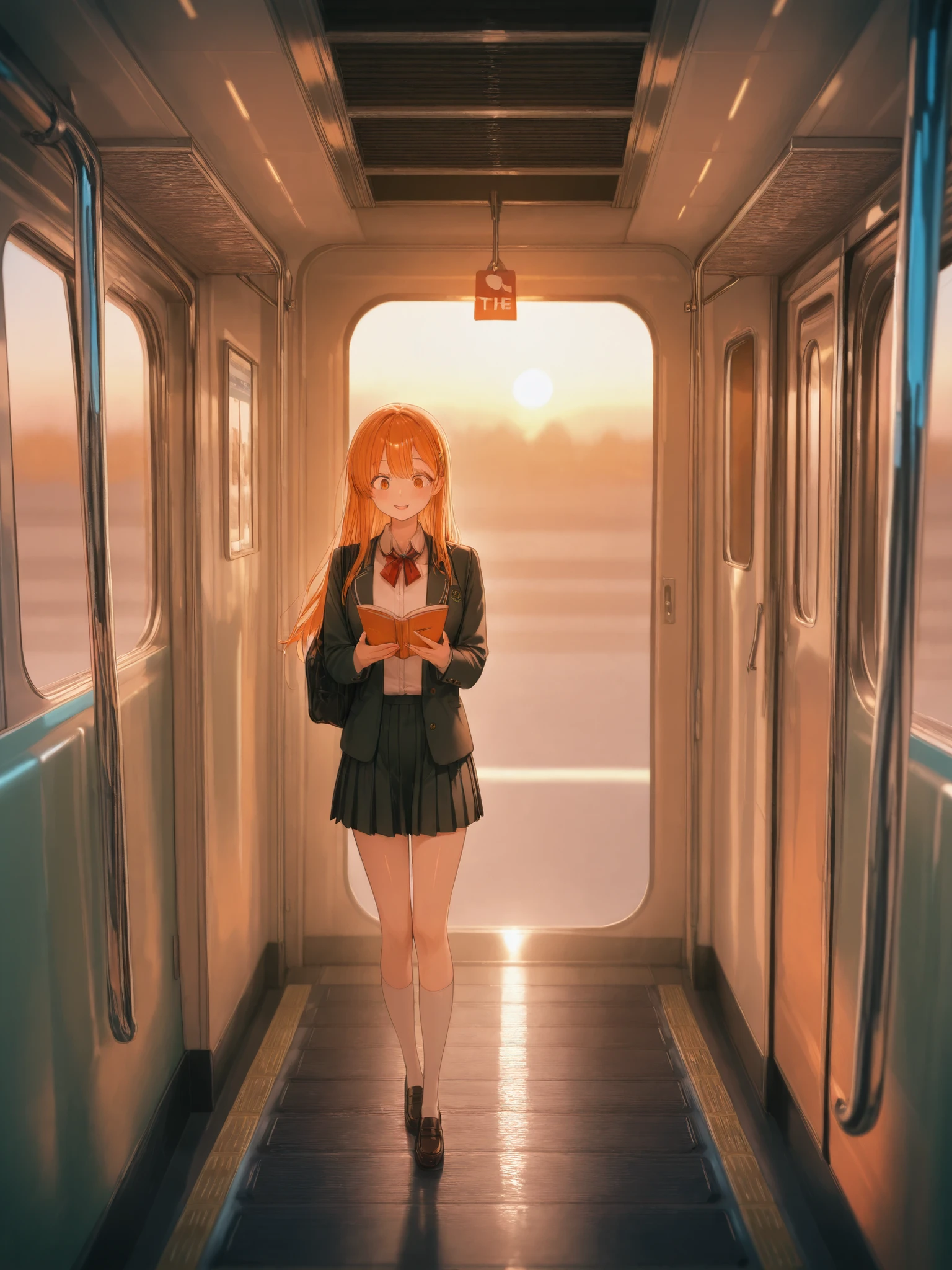 at dusk、while warm orange light illuminates the wall、the main character of the high school student scraping through the crowds and landed on the platform {x} and a cute high school girl in uniform is waiting for the train while reading a book。while the two exchanged glances even though they were awkward、My eyes meet。she smiles as if she were slightly surprised、her hair shines softly。along with the approaching sound of a train、while the two exchanged glances even though they were awkward、slowly shortening the distance。