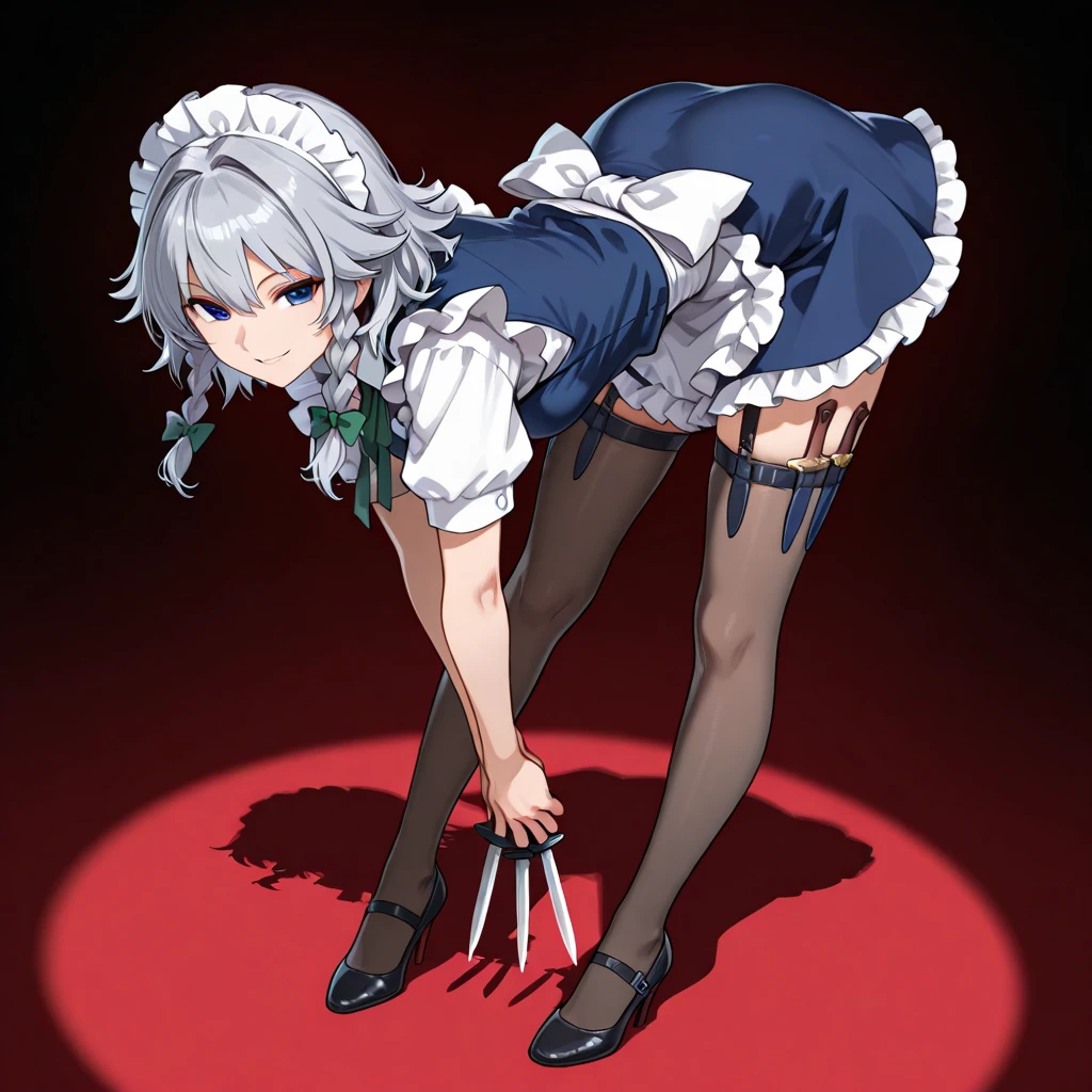 cutesexyrobutts style, 1girl, izayoi_sakuya, solo, maid_headdress, breasts, red_eyes, watch, braid, pocket_watch, gloves, large_breasts, holding, twin_braids, long_sleeves, bow, apron, white_gloves, knife, grey_hair, looking_at_viewer, green_bow, chain, black_background, holster, maid, short_hair, hair_bow, dress, corset, holding_knife, frills, white_apron, waist_apron, floral_print, bangs, blue_dress, shirt, cowboy_shot, white_bow, simple_background, back_bow, hair_between_eyes, underbust, closed_mouth, thigh_holster, thigh_strap, maid_apron, shaded_face, arm_up