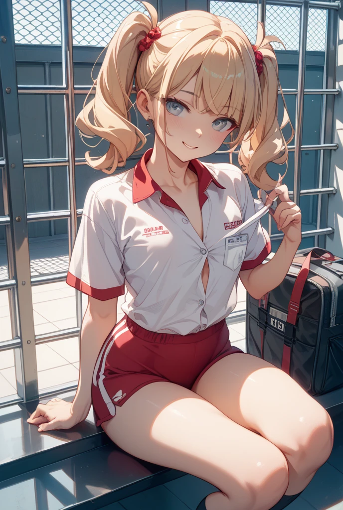 1 girl, fgomordred, modred, (green eyes:1.5), blonde hair, ponytail, short hair, scrunchie, red scrunchie, hair scrunchie, (small chest:1.2), BREAK blonde hair, white nurse,nurse, stading, BREAK looking at viewer, BREAK bedroom, BREAK (masterpiece:1.2), best quality, high resolution , unity 8k wallpaper, (artwork: 0.8), (beautiful detailed eyes: 1.6), extremely detailed face, perfect lighting, extremely detailed CG (perfect hands, perfect anatomy),nurse