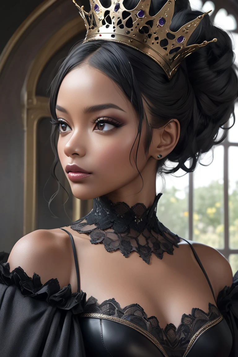 (best quality, 4k, 8k, highres, masterpiece:1.2), ultra-detailed, (realistic,photorealistic,photo-realistic:1.37), gorgeous light skin black woman, seductive gaze, elegant posture, gothic background, sensual beauty, glamorous fashion, elegant gown, pantyhose, dark colors, moody lighting, full body pose