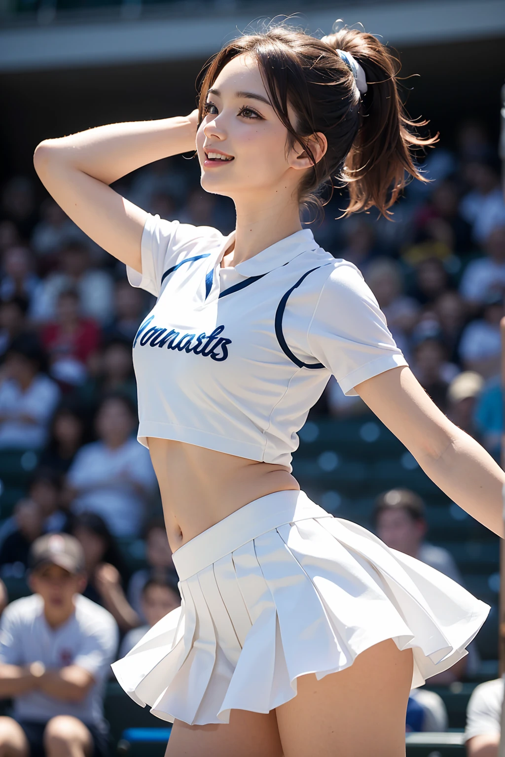 (Best Quality, master piece, Ultra high resolution, (Photorealsitic:1.4), Raw photo, extremely detailed, 32K), cowboy shot, dynamic pose, looking at viewer, (low-angle-shot, panty-shot, bra-shot), (1girl, 18-years-old, Japanese number one idol and the most popular cheerleader, dancing at school festival's stage, (upturned beautiful ass), wearing only colorful Cheerleader's sleeveless shirt and colorful pleated skirt), ((extremely cute face like a Japanese famous idol, surprisingly beautiful big black eyes, amazingly cute smile, short-cut-haired)), detailed face, detailed eyes, detailed hair, detailed body, detailed hands, detailed arms, detailed thighs, detailed colorful cheerleader's sleeveless shirt, detailed colorful pleated skirt