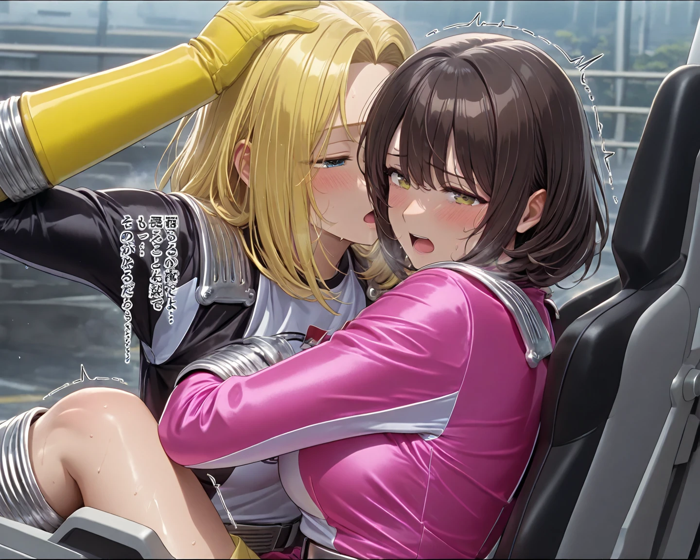 Car sex、Sit in the seat、white breath、Drooling from the mouth、Panties、Drink pee、2girls, yuri, lick vagina, male tongue, cunnilingus, open legs, hold knees、Peeing from pussy、Santa Cosplay、skirt、Thick pubic hair、Fair skin、Updo、Knee-high boots、View from below、girl trembling with sexual climax