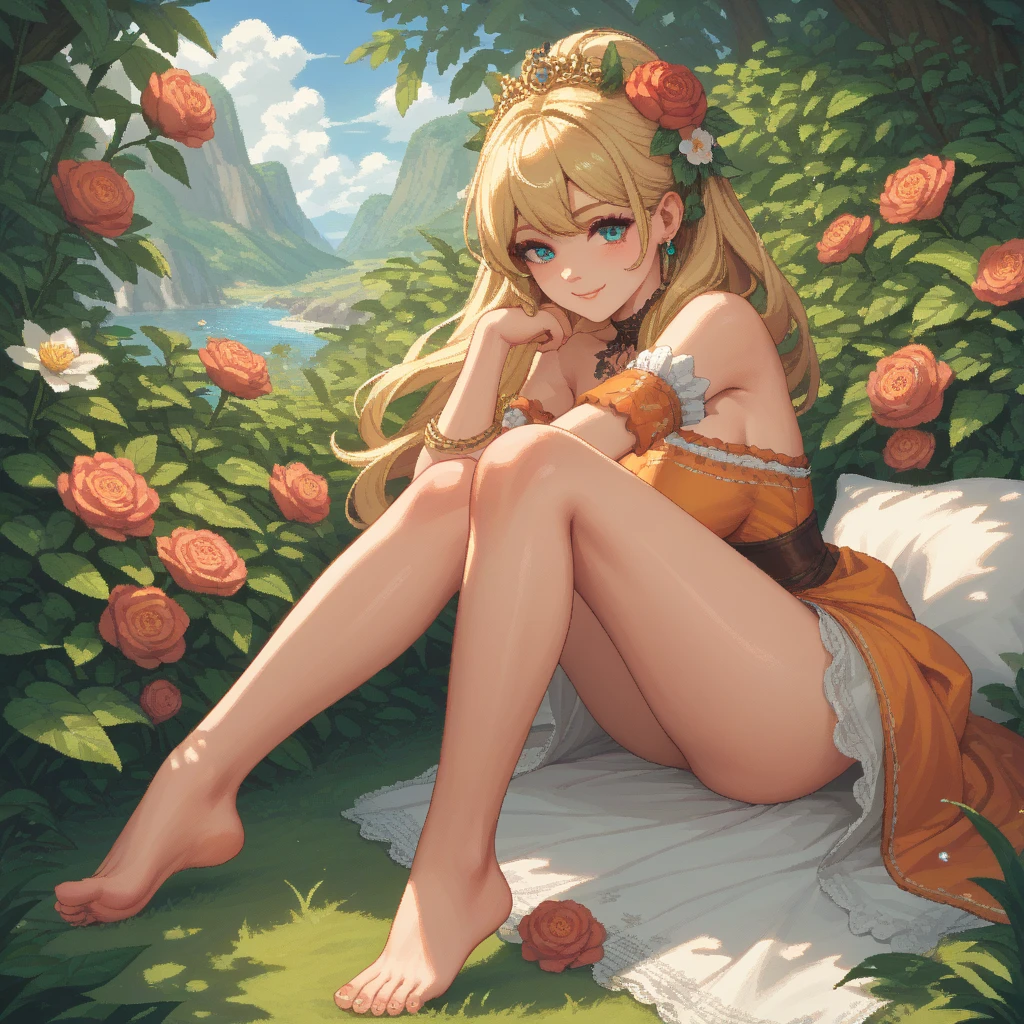 check_9, check_8_up, check_7_up, check_6_up, check_5_up, check_4_up, SorakaLoLXL, masterpiece, Best quality, A high resolution, bbandro, Yellow medieval summer girl, concept, the vines on the hand and the horns from the vine look at the viewer, full length, legs wrapped in roots, sfw