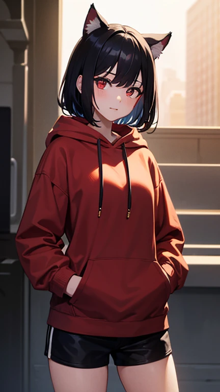 Adulta, Cabello negro ondulado, mirada penetrante con ojos profundos de color rojo, estatura promedio, Silky hair with a ponytail hairstyle collected with a red bow with two white lines, tiene pechos, primer plano, Session, standing in the middle of his room [[[[pervertida]]] , Sonrojada, transparent lingerie, NSFW, showing my ass to the camera 