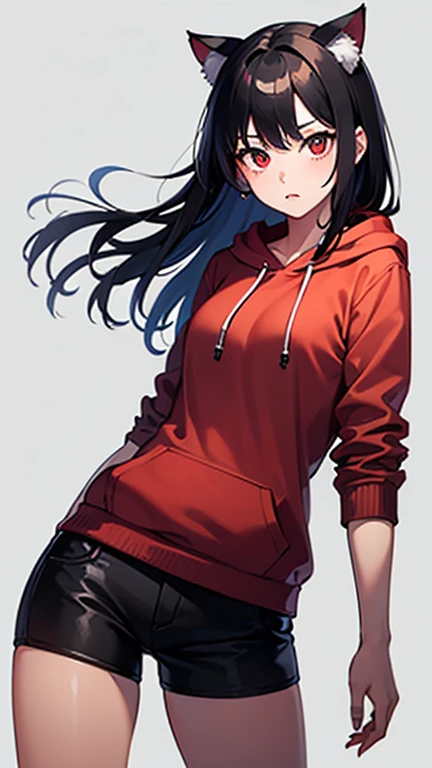 1 girl,Solo,front view from front facing viewer,medium hair,dark blue eyes,(dark eyes),(cool girl:1.3),(Sharp blue eyes),(dark color),(redHoodie) masterpiece, best quality, high quality, detailed,(medium-breasts),(gal),(overthighs),(Flowing Hair),(simple background),(cowboy shot)