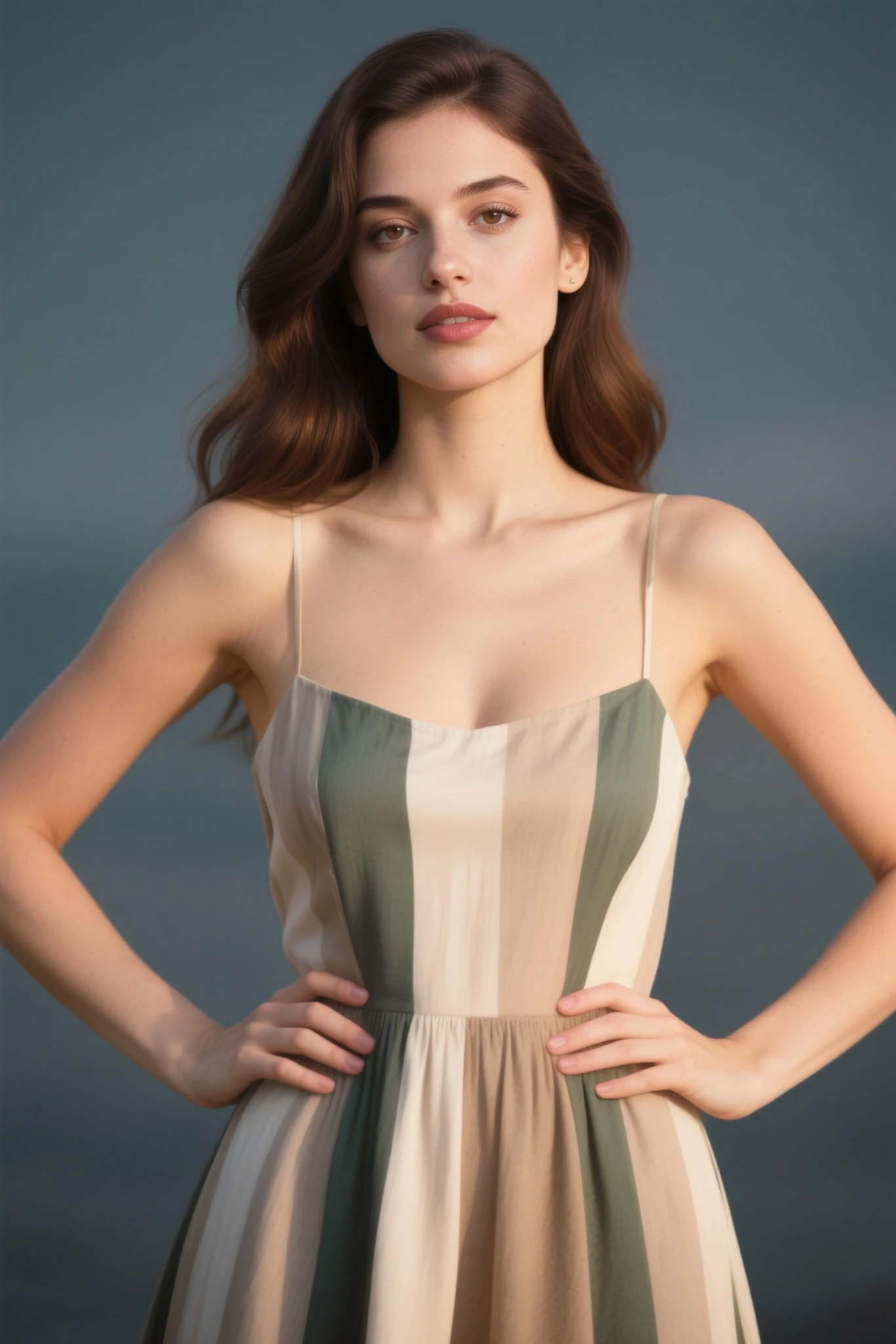 European woman, closeup, (shirt), pants, (beach lighthouse), gold necklace , ZM_alessia, wide shoulders, perfect face, (contact iris: 1.1), pale skin, skin pores , depth of field