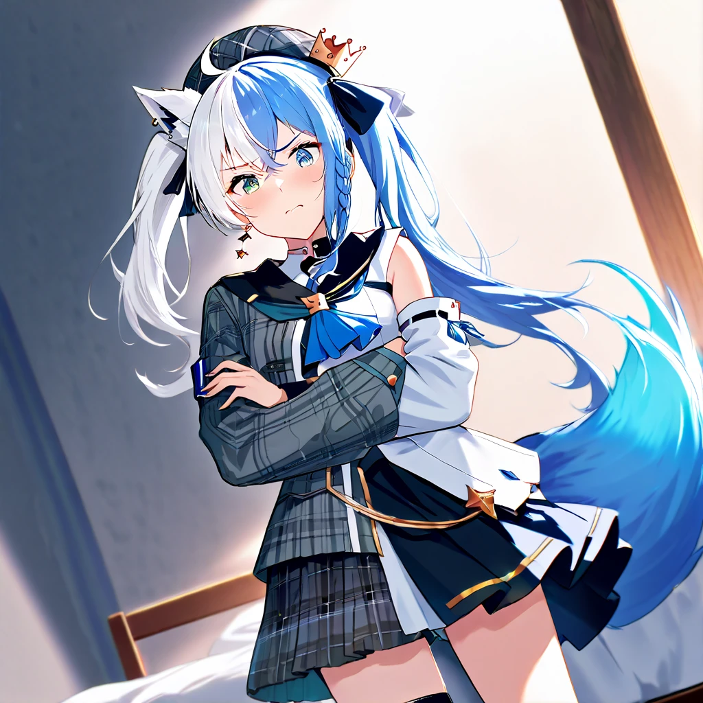 (Highest quality), (High resolution), (masterpiece), (Very detailed), Wolf Ear, Silver Hair, Long Hair, Bright Blue Eyes, One Girl, Silky skin, Shiny skin, Athletic build, blush, Heavy breathing, chest, Fully dressed in school swimsuit, Front view, Perfect composition, (Bright saturation), Standing and rubbing your crotch against the corner of a desk, Dripping love juice, Heart Pupil, Expression of pleasure, Trembling with sexual climax, Heavy breathing