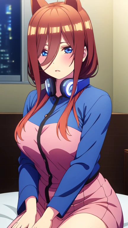 1 girl, solo, miku nakano, headphones around the neck, blue headphones,((blue lingerie)), ((1-piece lingerie)),((cleavage)),((bare shoulders)),((black pantyhose) ), barefoot, alone, brown hair, blue eyes, long hair, hair between eyes, blue eyes, detailed eyes, closed mouth, looking at viewer, bangs, standing, dynamic posture, curvy body, , big breasts, waist stocking, wide hips, wide thighs, round butt, interior, Japanese house, room, bedroom, facing front, focus on breasts, pov (front), standing, best quality, ultra detailed, masterpiece, perfect anatomy, perfect hands
