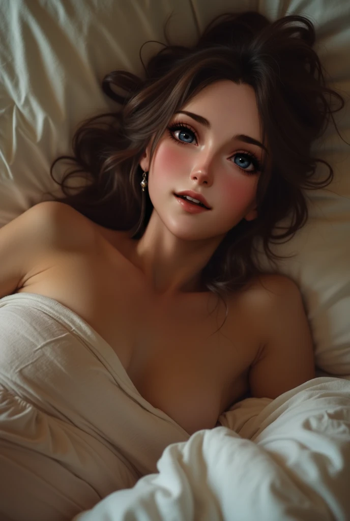 1 beautiful woman, face made up, big body, lying on bed, cleavage, sweating, drooling, long eyelashes, painted eyelids, eyelids outlined with makeup, dressed as a sexy bride, sleeping with her mouth open, salivating, eyes closed, her mouth it is wide open; Asleep in bed, looking like actress Melora Hardin
