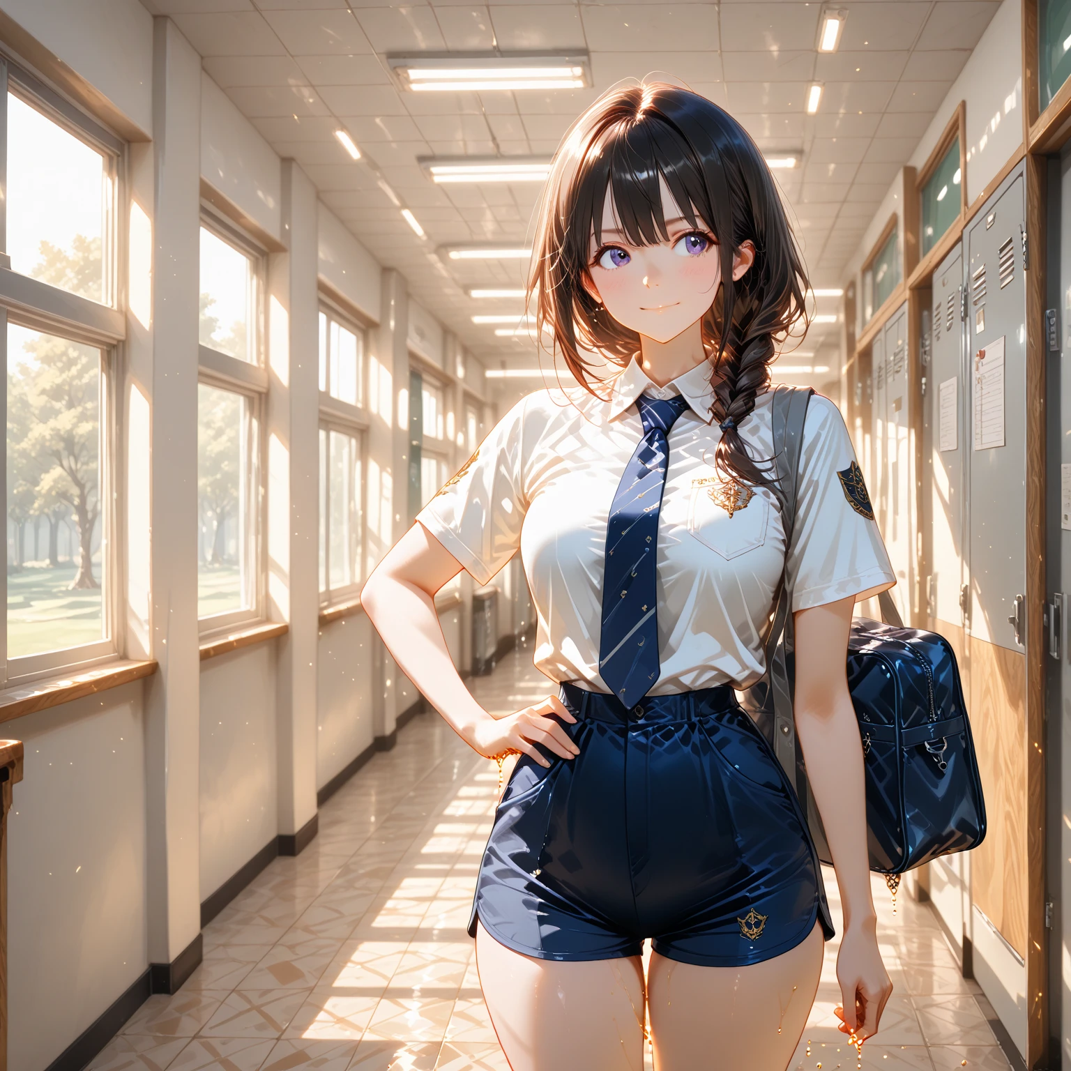 (masterpiece,Highest quality:1.3,best quality illustration,realistic),cowboy shot,1woman,20 year old Japanese beauty,((very small head:1.3)),brown short bob hair,bangs,brown eyes,gorgeous eyes,blush,smile,small breasts,((very long body:1.3)),((toned body,slender body,skinny,tan skin)),(navy uniform、Dark blue blazer jacket、White Shirt、Navy blue tie、Navy blue tight skirt),gleaming skin,shiny skin,sweat,standing,Naval Base、