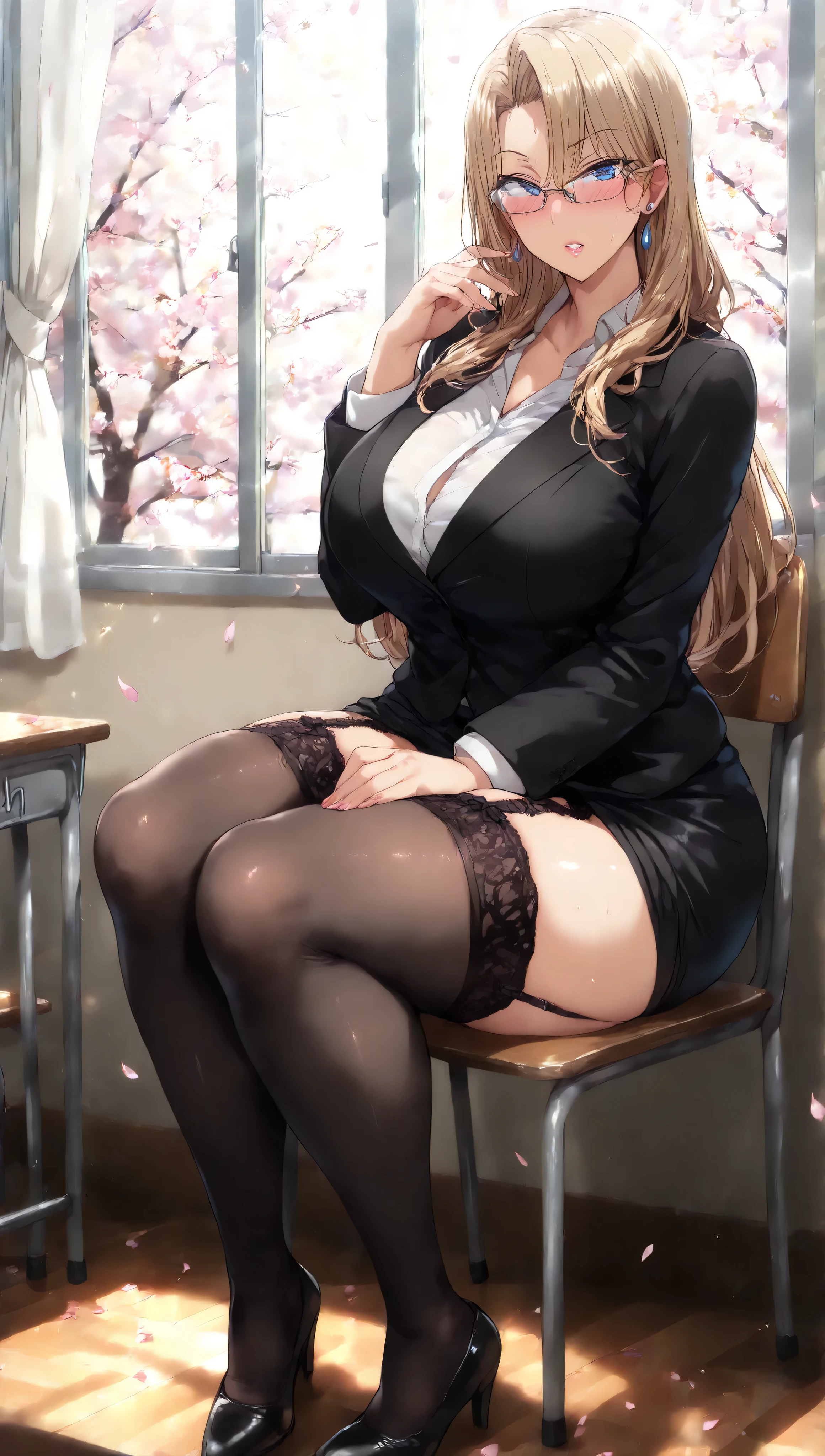 (masterpiece, best_quality:1.2), 1girl, solo, mature female, long hair, blonde hair, blue eyes, ( Perfect luxurious glasses, Perfect luxurious short black color office outfit, Perfect garter belt, Perfect black thigh-high stockings), beautiful eyes, female focus, looking at viewer, blush, proud, horny, medium breast, ((solo)), detailed, very high resolution, no blurry image, (cowboy shot), beautiful, suspicious, sexy, lewd, cheating, intricate details, detailed background, indoors:1.3, attractive body, Full body, (perfect hands, perfect fingers, perfect number of hands and legs, Perfect length body, Perfect lips), Sitting on chair, looking up, Side view full length, Throw, Closed up, (The background is evening time, Classroom masterpieces, sexy atmosphere, Perfect classroom window with curtain, open window, Cherry petals fluttering in the classroom)