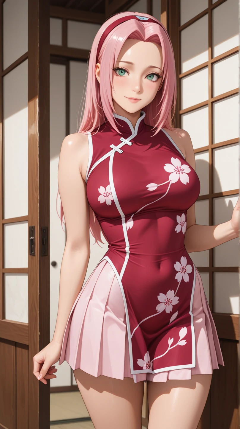 realisticlying， realisticlying，cowboy lens，tmasterpiece，hoang lap，1girll，Sakura Haruno，forehead mark，red hairband，Red cheongsam，white stockings，nabel，groin，bangle，looking at viewert，ssmile，SakuraNS，Private garden，ventania，Floating hair，big cleavage breasts，（（Wide buttock））），tonedbody，Detailed eyes，