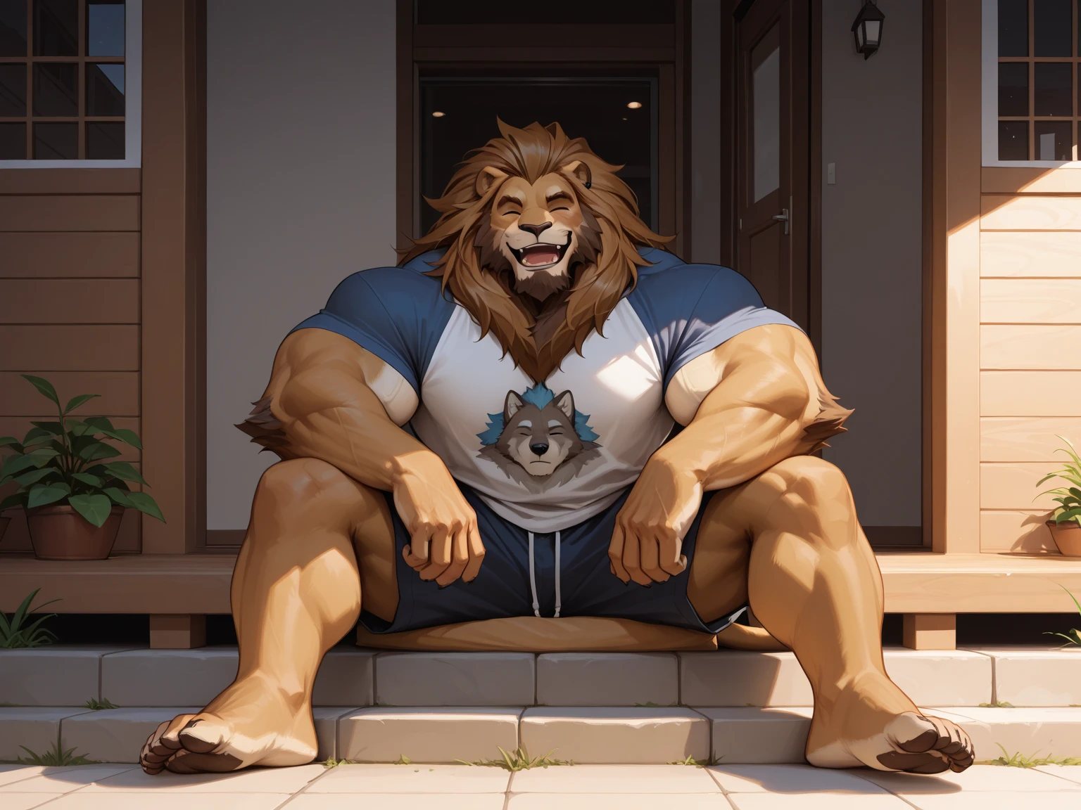 Muscular furry teenage lion, barefoot, big furry foot, beard on the chin, hair on the chest, hair on the abdomen, hair on the elbow, hair on the armpit, hot, large bulging veins, hot male lion face, sitting on the basketball court bench  , shirtless, wearing basketball shorts
