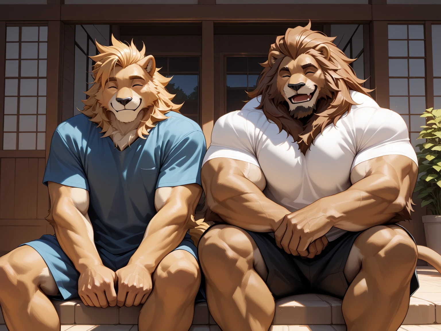 a muscular furry lion in park, tank top, happy, autumn, vector, mwvector, bokeh, smile, (masterpiece:1.2),(best quality,8k),huge and muscular,thick arms,short hair,white hair