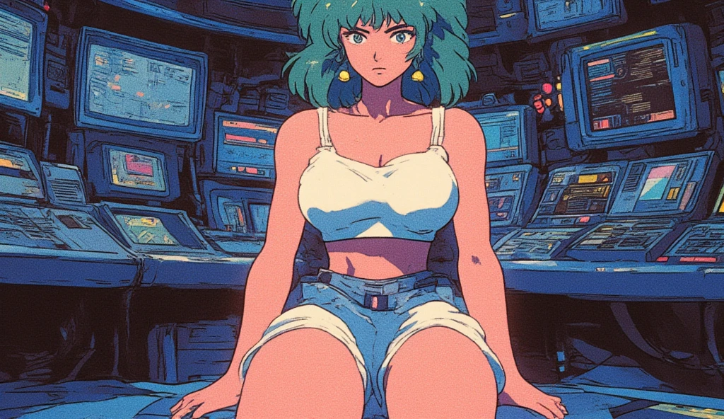 (perfect composition), (high resolution, masterpiece, ultra best quality, insanely amazing hyper fine extremely detailed, official:1.4)( full body, 80's horny milf hacker anime girl in lingerie sitting at a desk with a vintage computer, seductive hacker anime girl in lingerie, retro cyberpunk anime, 80's cyberpunk anime girl in lingerie, digital cyberpunk anime!!, best anime 4k konachan wallpaper, (anime girl with green teal short hair), 90's anime style in 4 k, mega man legend art ,black latex lingerie, black lace lingerie, 80's, multiple old computer , serial experiments lain room,  high degree electronic laboratory, lots of old computer hardware, surrounded by old computer screen, a lots of cable wires, octane rendering, colorful contrast, unadorned, dark computer room, night, betterHands 