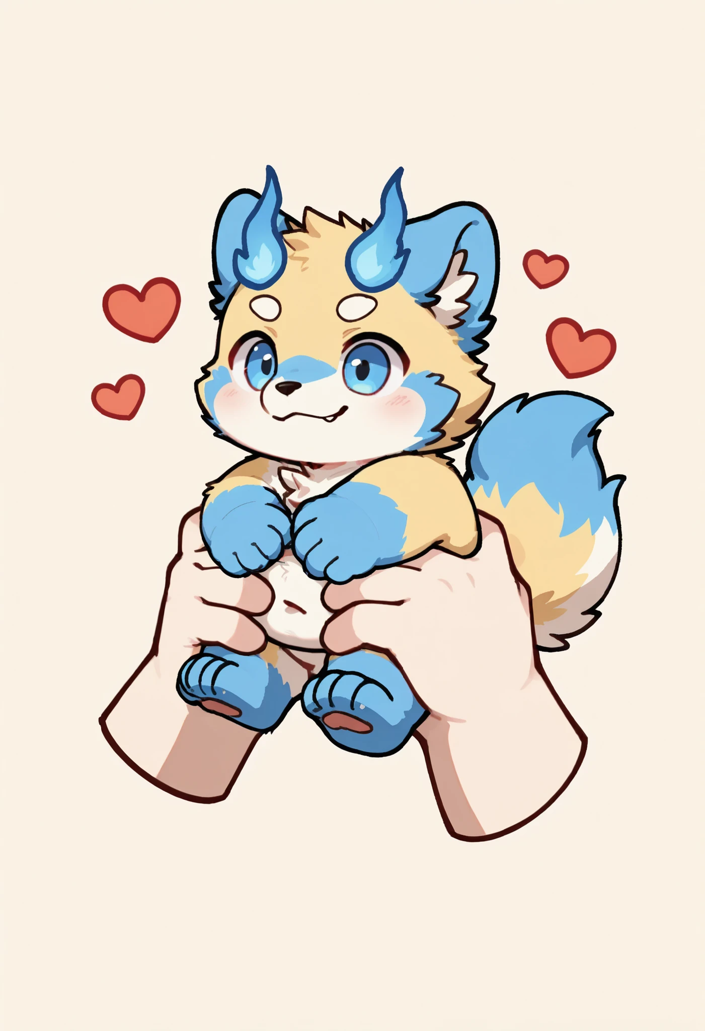 portrait, solo, male, botailang, overweight, young, fur,,tail,blue eyes,chibi,chibi, holding people in hands, heart,
