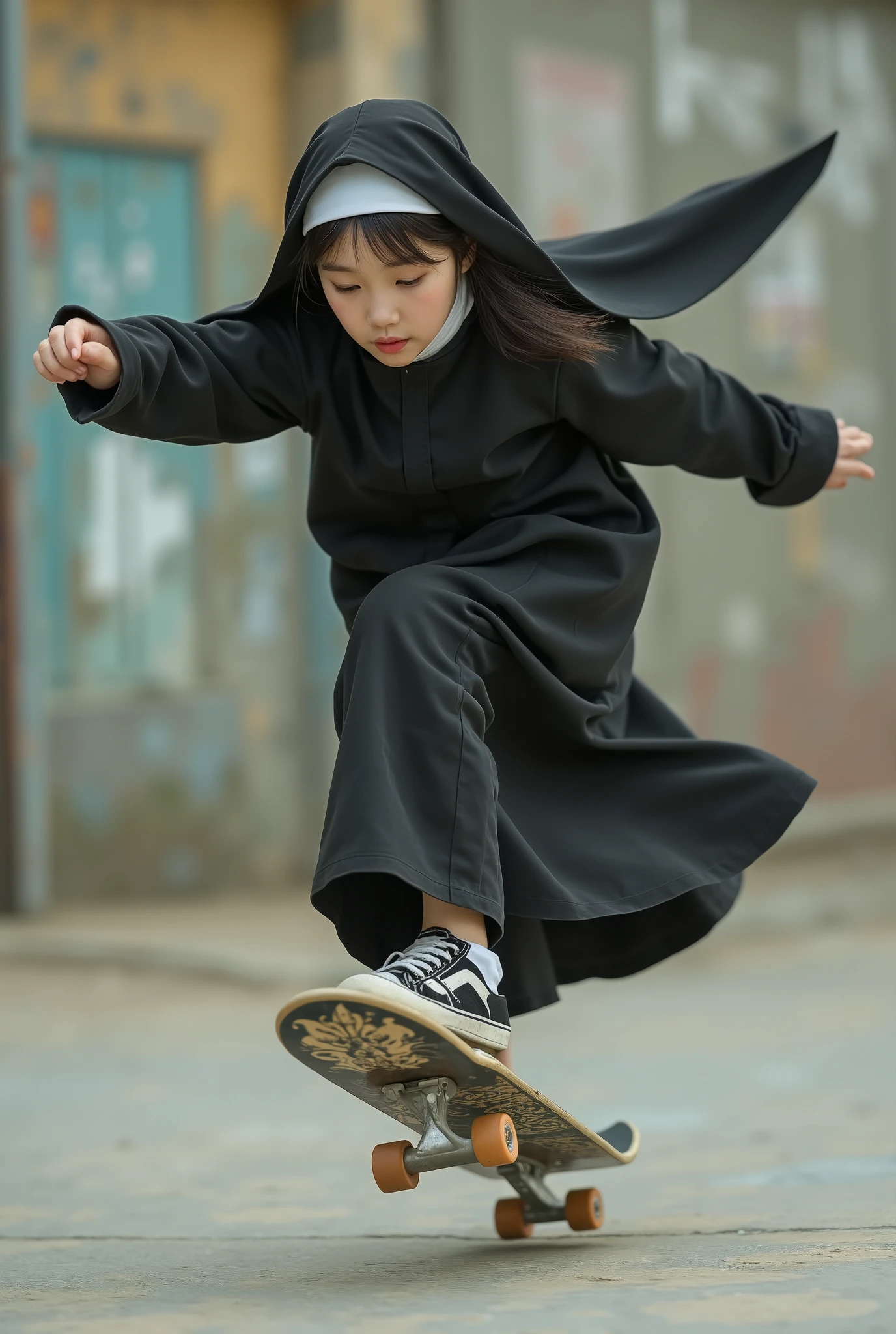 asian girl is a black nun and plays skate board fakie ollie