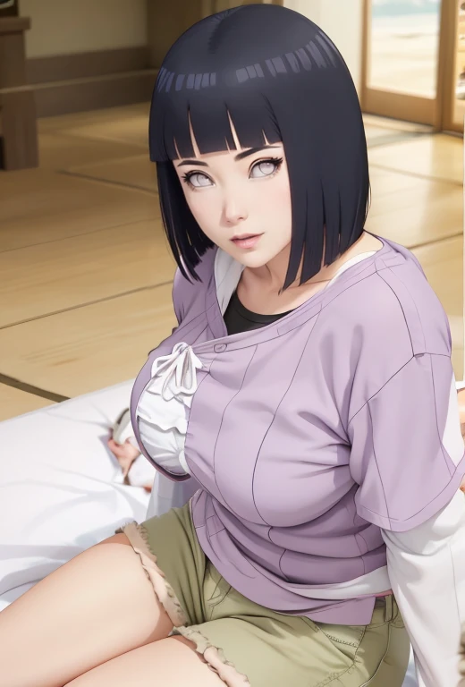 master part, absurderes, hinata\(boruto\), 1 girl, standing alone,mature woman, Purple sweatshirt,layered sleeves, brown jeans, Full ar, cloudy sky, perfect composition, circumstantial lips, large breasted, Face pretty, Body Proportion, blush, (pink lips), short black hair (Bblack hair), Lilac Eyes, smooth appearance, super realistico, circunstanciado, photoshoot, realistic face and body, realistic hair, realisticeyes, realistic nose, realistic lips, brown jeans, lively, dancing lightly. on your back, with chin under shoulder, looking back sensually, sorriso sexually, open mouth. Different posture, sexually.