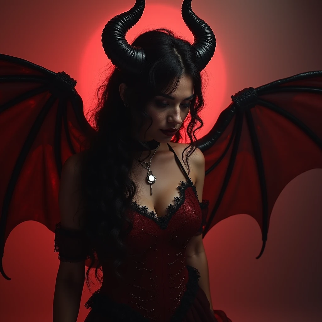 color photo of a succubus with long horns and a devil's tail -c 10-ar 2:3