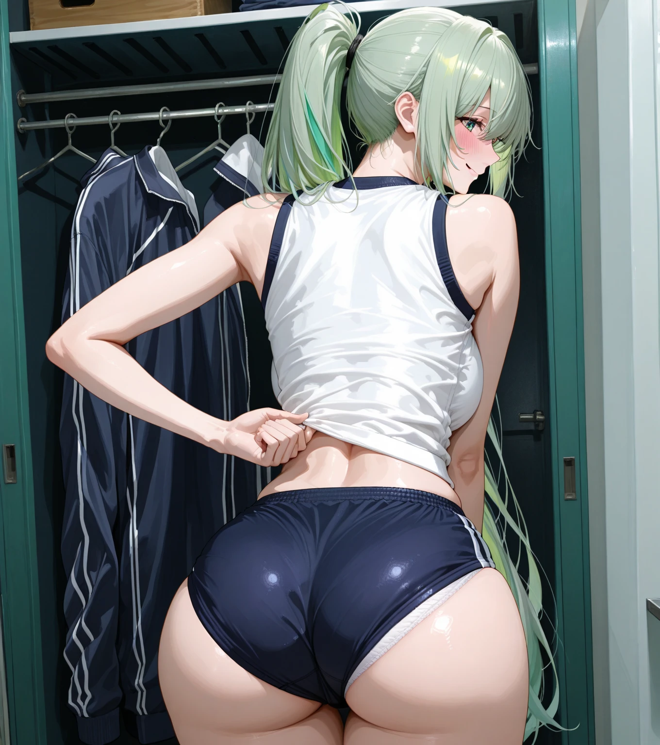 Tennis Player　Boobs out　Green Hair　ponytail　From behind　From below、Rear View、Stick your butt out、Butt close-up　Pussy close-up　naked、(((Pussy juice)))　Beautiful Skin　Blushing　Embarrassed face butt pose　Beautiful big ass　light blue super mini skirt　Bright bedroom