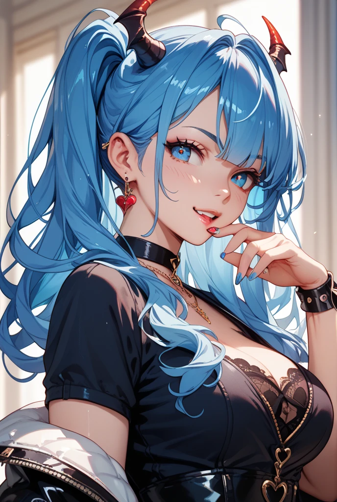 ((highest quality)),(ultra high resolution),(Super detailed),(detailed description),((best CG)),(best work of art),super precision art, great drawing art,(Art with precise details:1.5), 1 girl, solo, ((blue hair)), ((blue eyes)), beautiful face, long eyelashes, natural eyebrows, ((blue satin suit)), (looking at viewer), earrings, ear piercing, large breasts, thick thighs, cleavage, open clothes, pale skin, flirty smile, juicy lips, posing sexily, sultry eyes, ((long bangs)), ((black choker, necklace)), (cat ears), close up, portrait, selfie