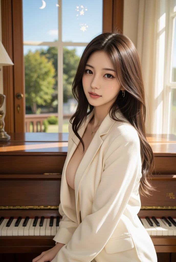 a 18 year old girl is the most beautiful actress in the world, the perfect body proportions of this girl, the blazer is firmly covering the formal shirt which is worn on her upper body with its large breasts, her anus under her vagina between her opened legs is clearly seen, she is sitting on a sofa with spread her legs, her detailed genitalia of her lower body, her pubic hair is covering her clitoris, the urethra in the labia under the clitoris of this girl, just her lower body is naked, in the living room, nsfw, best quality, highly detailed, masterpiece, ultra high res, photo realistic, 8k, she is japanese