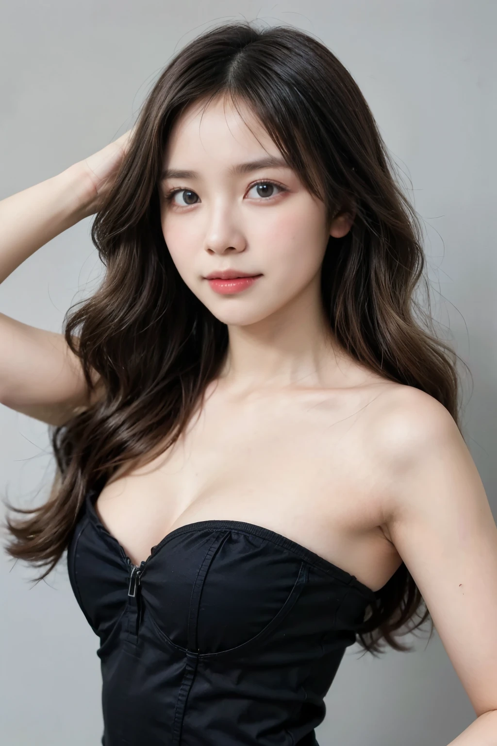 ((Best quality, 8k, Masterpiece :1.3)), 1girl, smiling, full body, perfect body, (Dark brown hair), full-length dress:1.1, Ultra-detailed face, Detailed eyes, Double eyelid, blur background, big boobs, photoshoot studio, wavy hair,