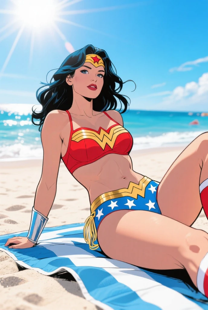 Nude slim, largel breasts, toned body, 2 girl, blonde supergirl(wearing supergirl bikini) and brunette wonderwoman (wearing wonderwoman bikini), relaxing on a tropical beach.pinup poses