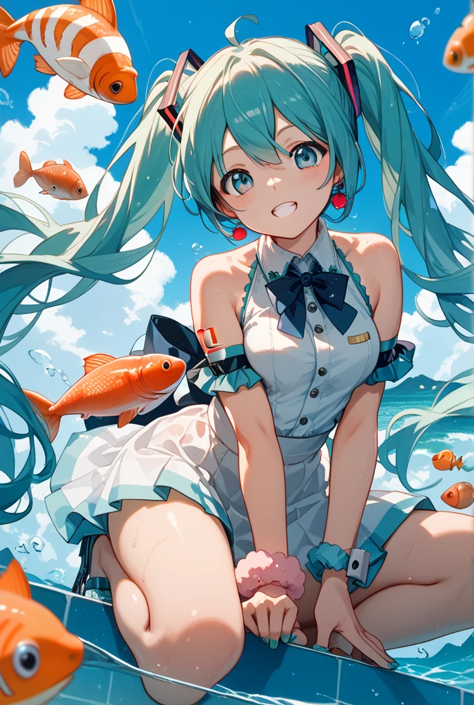 beste-Quality, masterpaintings, Big breasts Hatsune Miku,dive,Dead reservoir water,Cleavage small breasts,Slim,Poor milk,flatchest,Look from the bottom up,
