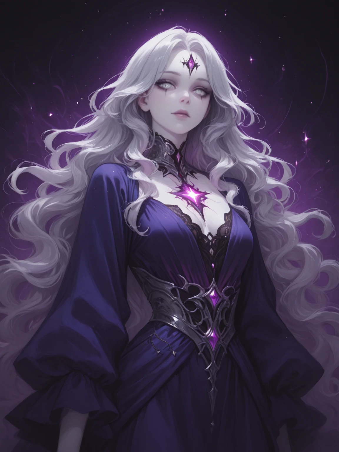 extremely detailed, hyper detailed, (PERFECT FACE), ((detailed eyes)) illustration, low lighting, 2d, intricate, detailed eyes, sexy, toned, (outside), castle tower. ((extremely realistic shadows, masterpiece, extremely detailed, photorealistic)). A beautiful queen of the gods of evil, her robes of black and crown of white gold standing out against a backdrop of a deep red, black and purple nebula and stars, her beauty and power radiating from her.