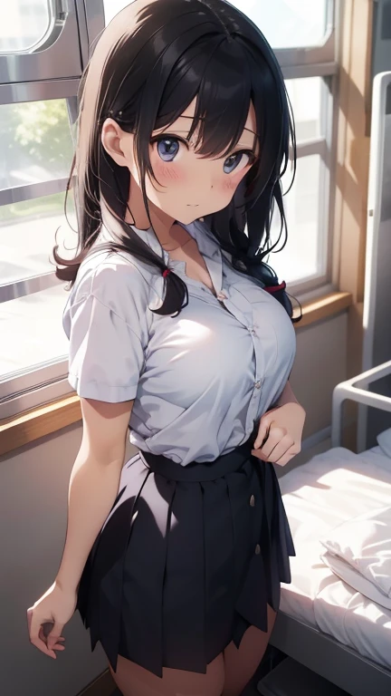 Highest quality, Soft Light, Ultra-high resolution,People Girls, alone, sexy, (Embarrassed face), (Yellow Eyes), Beautiful face in every detail,(High resolution detail of human skin texture), (Medium Hair),tie,Dress shirt,Short pleated skirt,panties,(Sweat:1.2),(masterpiece:1.3),(Realistic:1.2),(Open your mouth:1.1),Angle from below,cardigan,socks,Long sleeves