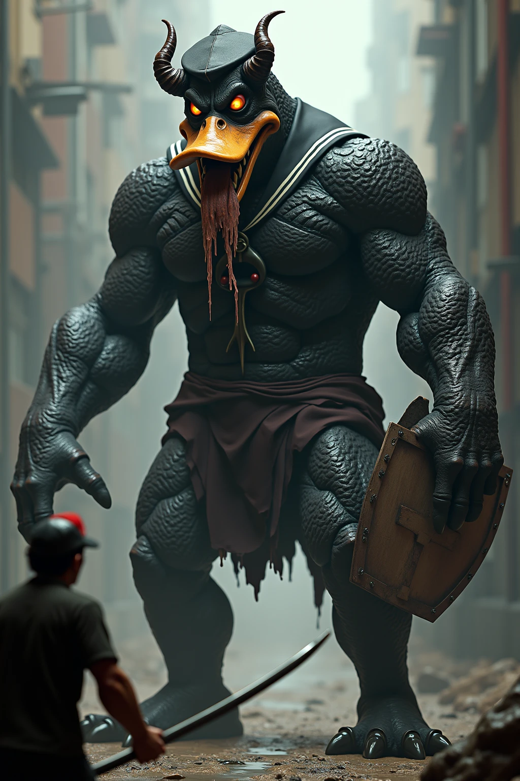 strong humanoid with shark head and closed mouth, holding a chain in front of a steel cage, defined legs, calm without aggression, imposing serious power without showing teeth, hidden teeth , bleeding wound with scar