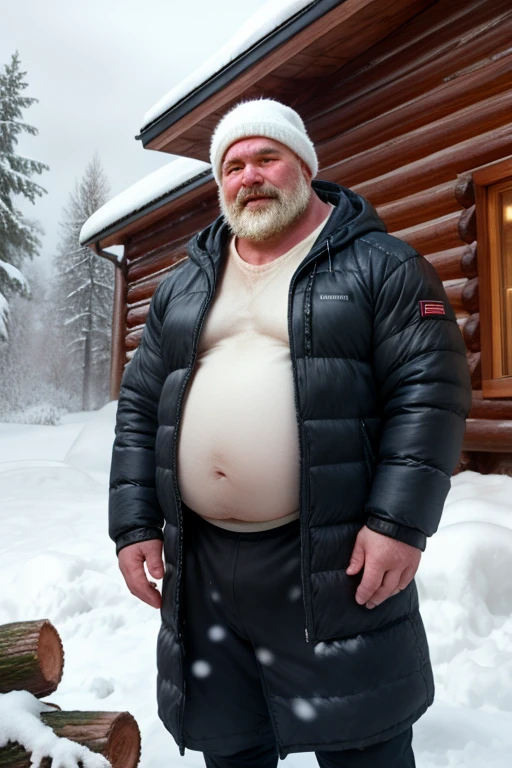  Hyper realistic image of an elderly eskimo hunter warrior superhero with very long gray hair An angry super heavyweight bodybuilder flexing his muscles A full body obese bodybuilder with a very sweaty body An extremely muscular and extremely fat old man over 70 years old weighing more 600 lb. A very muscular, very hairy man with very large legs Very sagging pecs with dark nipples and gynecomastia standing in a snowy Alaskan landscape in front of an igloo with a northern lights in the sky wearing polar bear skin pants and a long polar bear fur hooded cape 