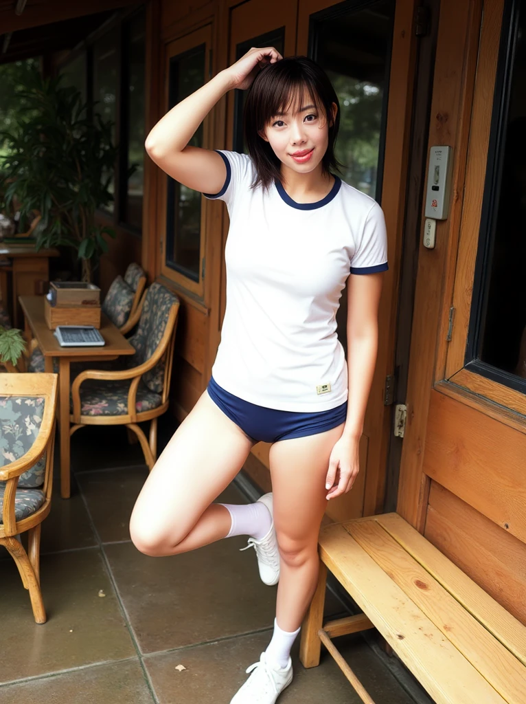 nsfw,(tanned skin:1.3), japanese cheerful girls,sport short pants,white long t-shirt,mascular and curvy thighs,(adult curvy body),legs focus,sandals,from side,lowerbody,sitting on bench