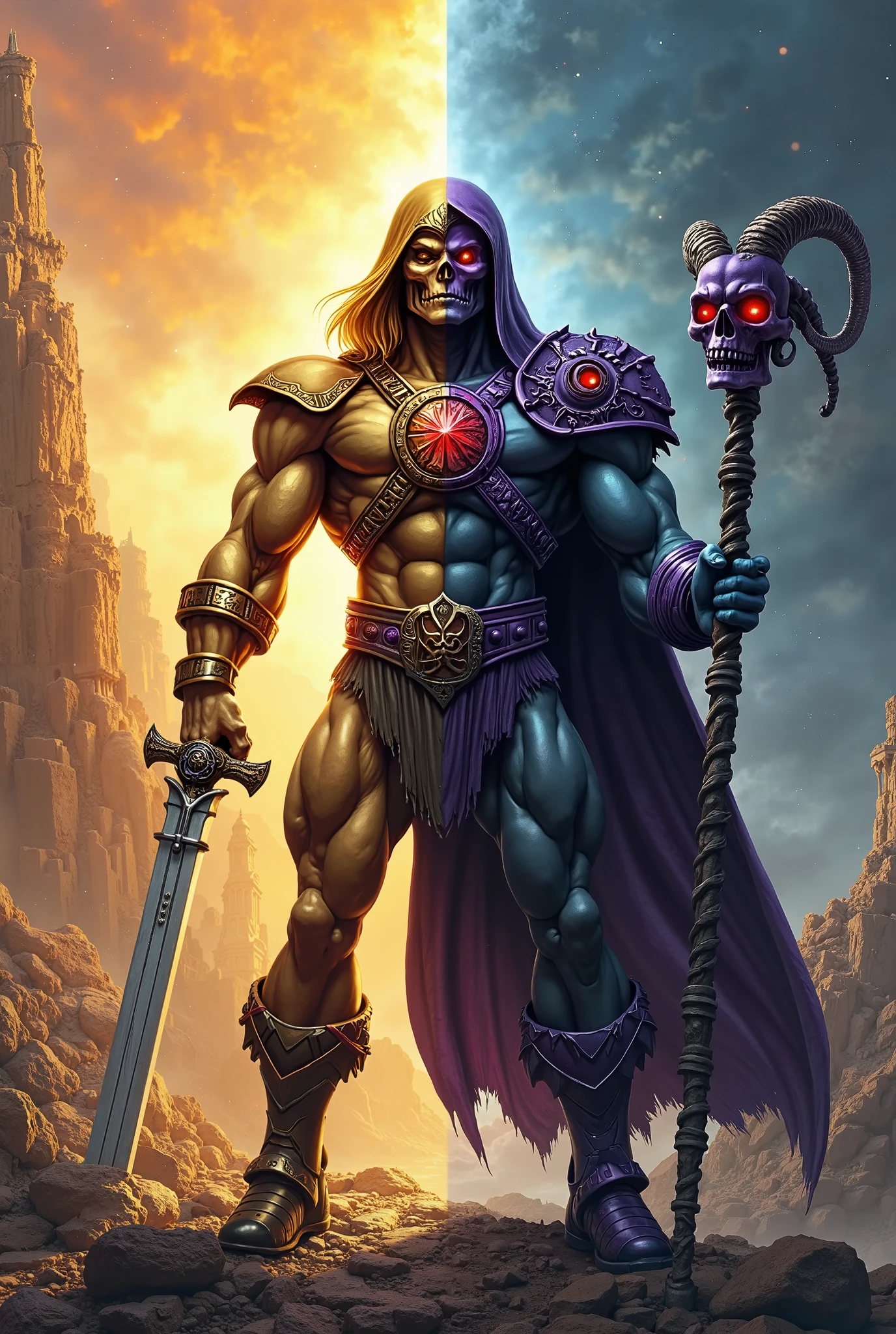 portrait of Skeletor from Masters of the Universe in his dark evil foreboding castle. Flickjering torchlight creates a menacing ambiance.
