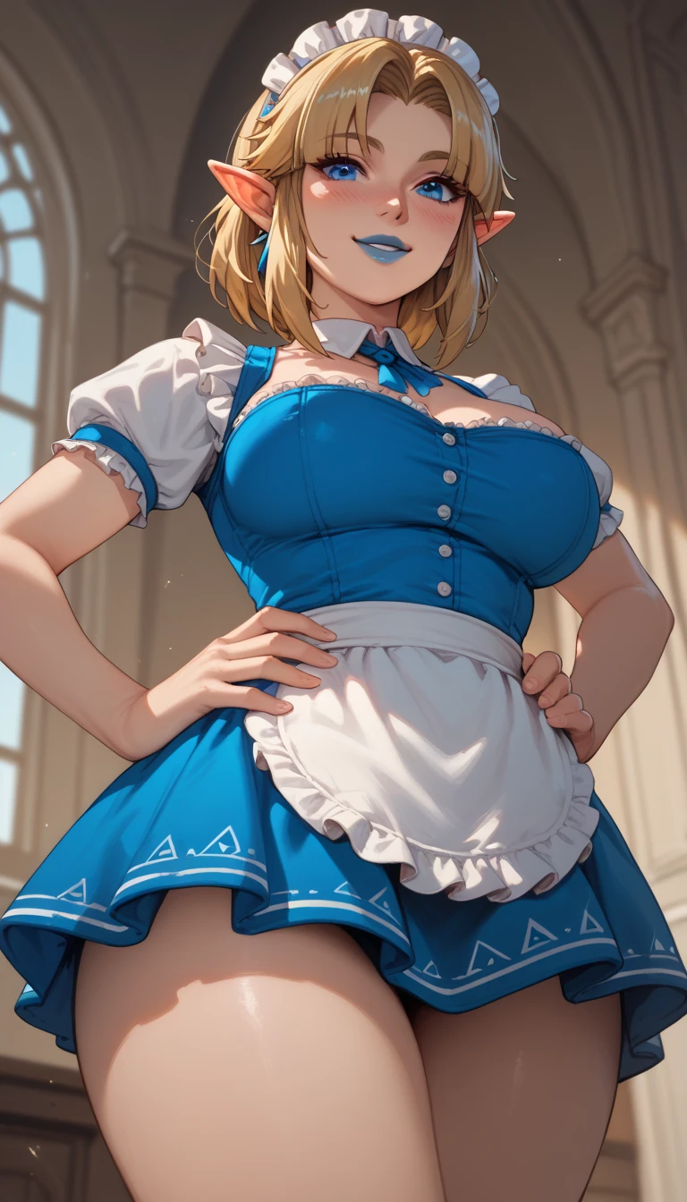 full body standing straight symmetrical, huge boob(masterpiece, best quality:1.2), cowboy shot, solo, 1MILF, mmplatz, smile, looking at viewer, hands on hips, twintails, twin drills, dress, blue pantyhose, striped pantyhose, Handcuffs on their hands, With a collar around the neck, shortstackBT, shortstack