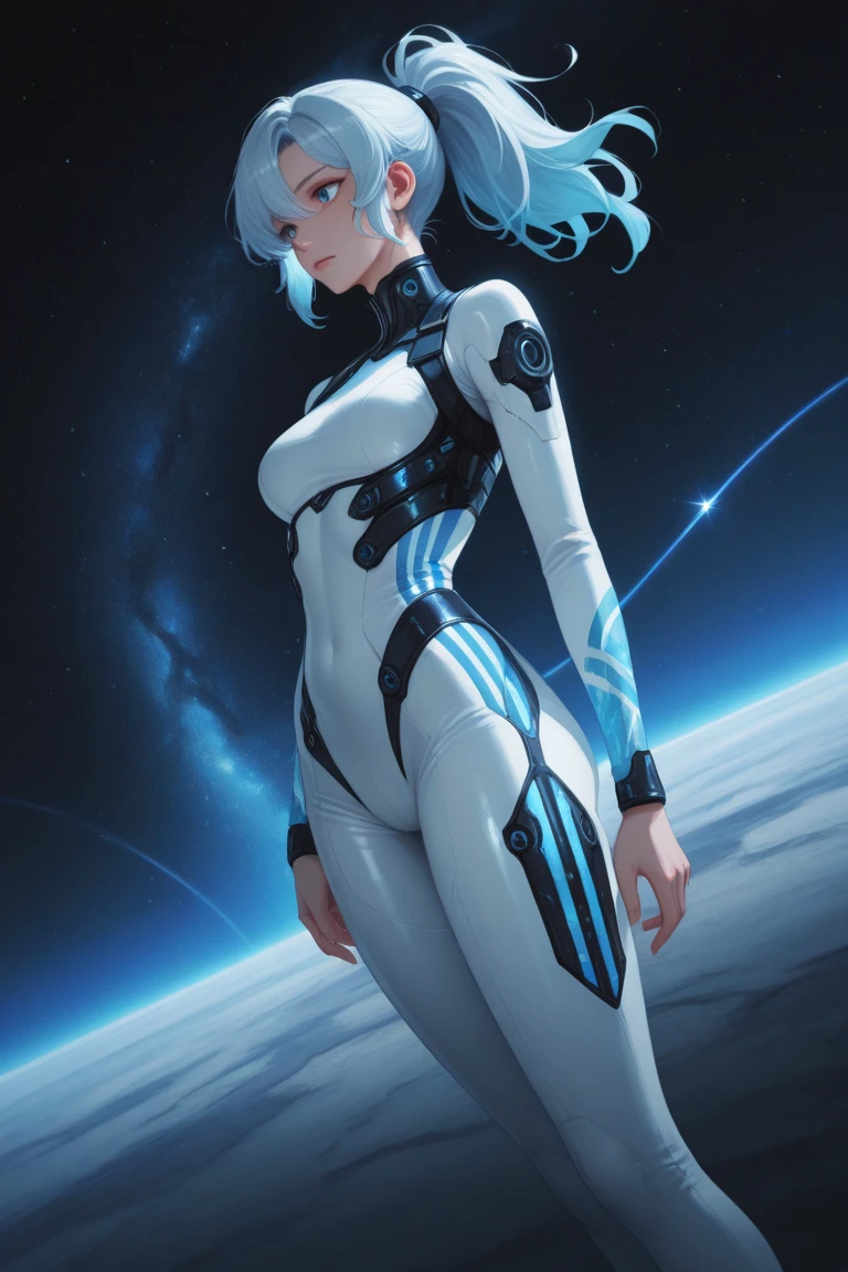 4K,hight resolution,thicc Asian Woman, light blue hair,ponytail.Green eyes,Colossal ,White Cybersuit,Bodysuits, (holding Longsword), spaceship at the background in the space