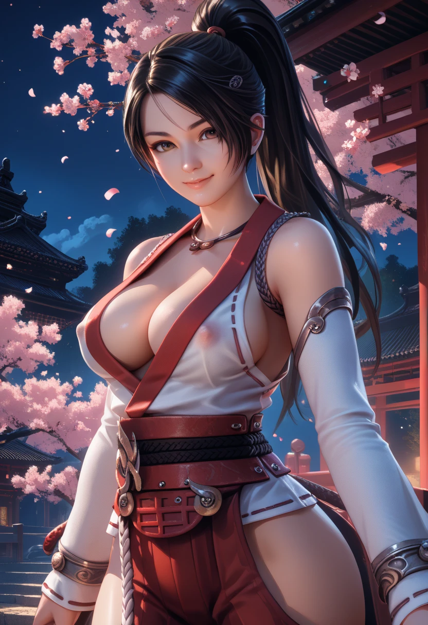 ((Mai shiranui from king of fighters series)) (beautiful face)(big glowing blue eyes)(red lips) (((very long light brown pony tail hairstyle))) ((very huge breasts) (perfect slim body) ((wears sexy red dress with white ornament)), (shinnobi gauntlets, stocking) ((big fabric strap around waist)) (posing sexy alongside lotto fountain garden) ((hold japanese fan on hand)) (high definition, amazing lights and shadows) ((masterpiece)) (8k) (perfect face) (ultra details) (perfect hands, eyes, and face)