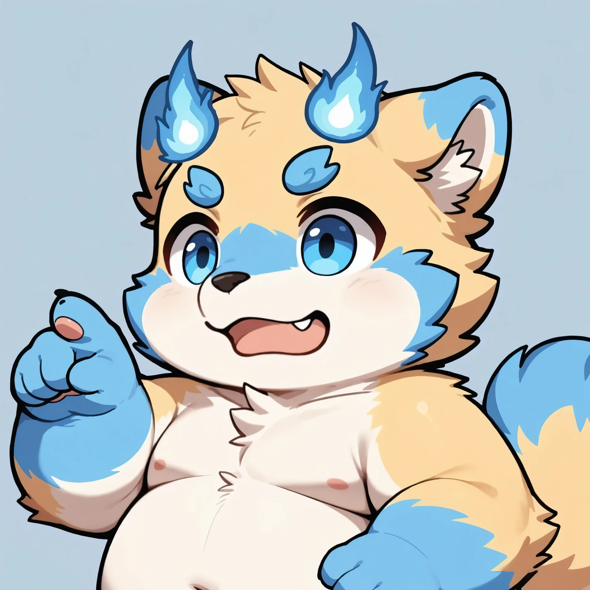portrait, solo, male, botailang, overweight, young, fur,,tail,blue eyes,chibi,pointing, chibi, fang, open mouth,take offence