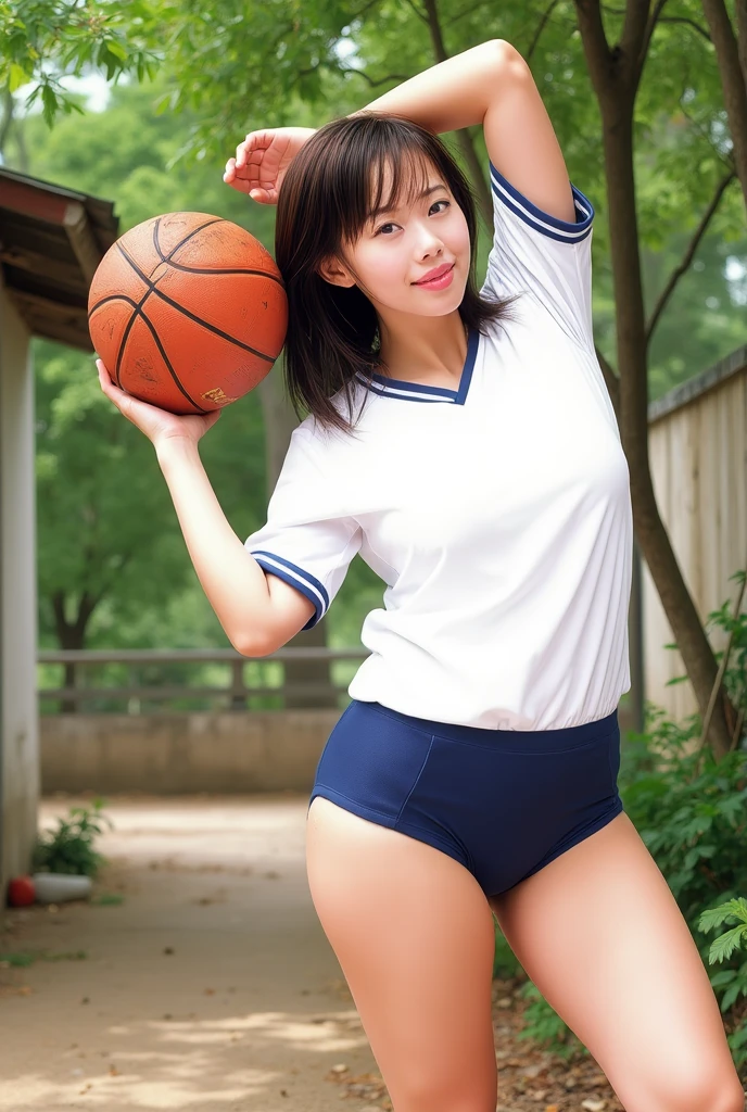 (8k, best quality, masterpiece: 1.2), (photo-realistic: 1.37), highly detailed, ultra-high resolution, professional lighting, photon mapping, radiosity, physically based rendering, cinematic lighting, basketball court, depth of field, sharp focus, sunlight, good composition, (bokeh:1.2) 1 naked girl, nude, perfect anatomy, (full body), very small breasts, pink pussy, detailed face, detailed eyes, perfect face, complete fingers, smiling, standing pose, holding basketball, slim waist, short black hair (messy, floating in the wind), (ulzzang-6500:1.2) mix4, highbody