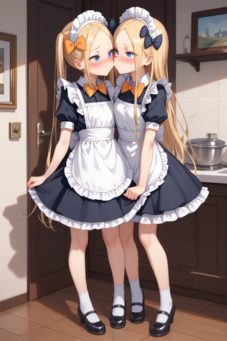 highest quality、masterpiece、((2 girls:1.5))、((smile:1.3))、(blush:1.3)、Black Shirt、blouse、((fun!!))、(Small breasts)、(Blonde:1.3)、(long hair)、(Long sleeve)、((White apron:1.5))、((Maid))、((hair ornaments)),、Kamimei、look at me、 ((in house:1.5))、 Taking a break from watching the audience、Cowboy Shot、(Skirt lift:1.3),(Highly detailed pink striped panties:1.3)、(Highly detailed panties:1.3)、、(スカート that rolls up:1.3)、(Panties fully exposed:1.5)、Light blue eyes、long hair、Glowing Eyes