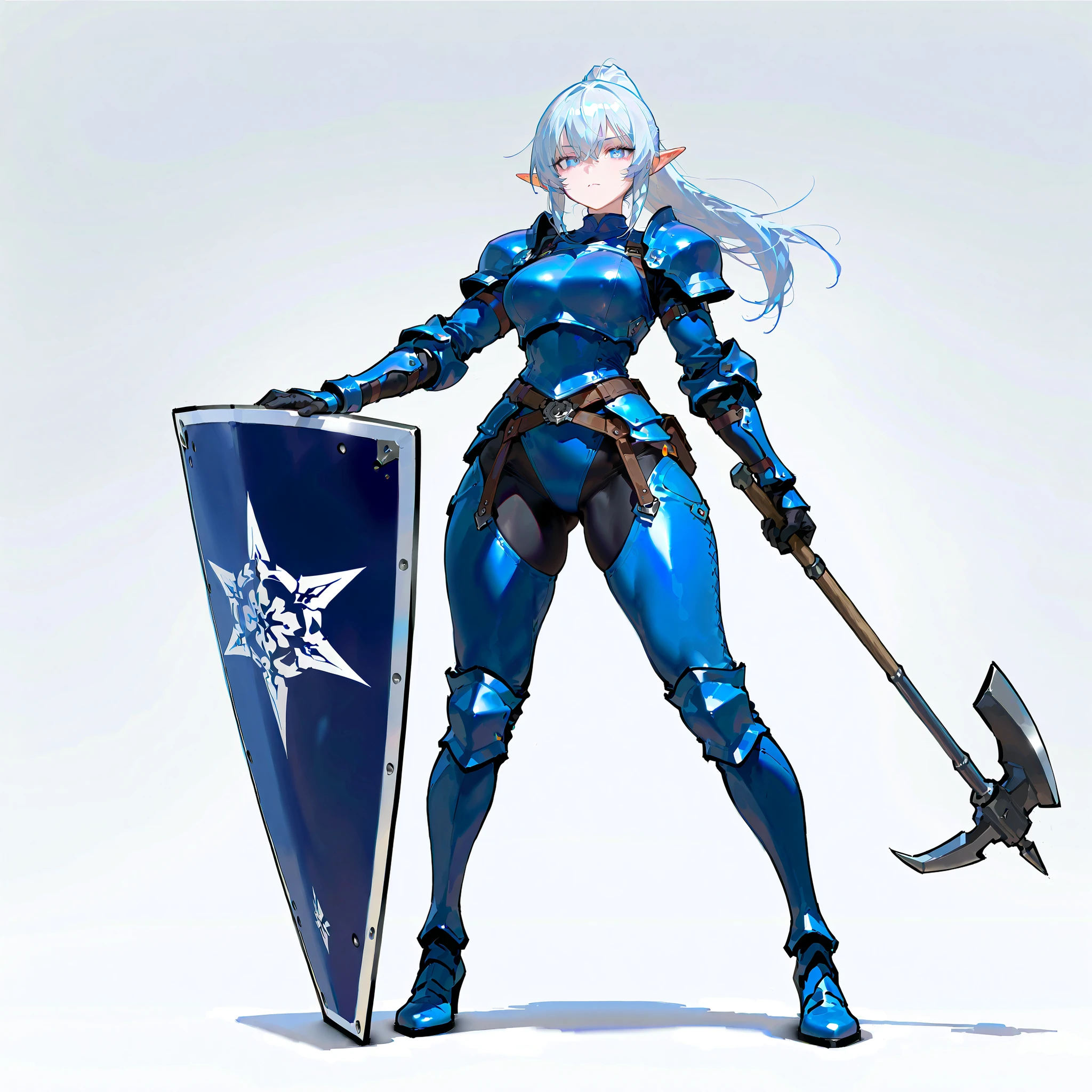 (((masterpiece))) , (((Best Quality))) , ((Ultra-detailed)) , (High Definition anime Illustration) , ((extremely delicate and beautiful)) , solo , Full body , Noble elf knight lady , pointed ear , daemon tail , pale-blue skin , with perfect eyes , blue grey eyes , Sapphire hair , black pupils , erotic knight armor , huge hips , ((held war hammer and kite shield))(action posing)) , very confident , (slender figure)(poor breasts) , (Thin hips)(thick legs)(muscular)(Character Focus) , highly detailed , Colorful , highest details , dressed , very massive , full body standing , Digital Painting , 8K High Resolution , trend art station , Whole body , (((white background)))(dungeons and dragons)