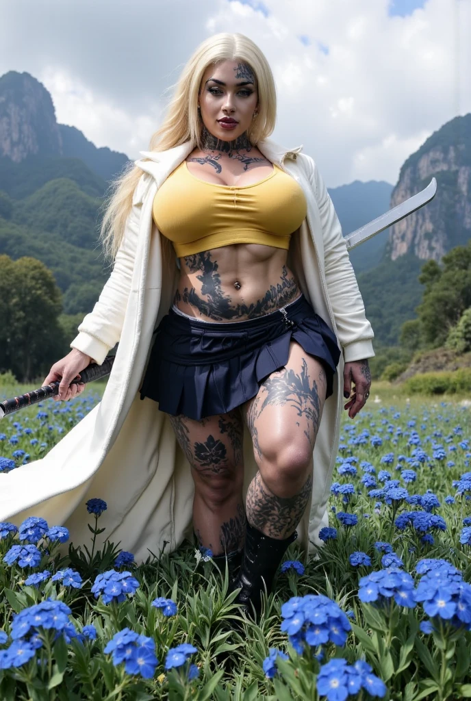 Masterpiece, highlydetailed, Hyperrealistic, HD, fullbodyshot facing a squatting beautiful red oni woman muscular warrior with long_white_hair, oni_horns, wearing a yellow_tiger_patern_oni outfit and falloff shoulders_kimono, curvy and thick body,
carrying on her shoulder a massive weapon AND smoking_pipe, wearing Japanese hight footwear , perfect face features, perfect body shape, body