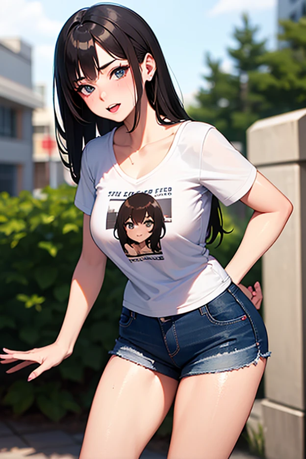 1 Girl, solo, Blurred Background, (((Small breasts))), Thighs, (Stripe underwear), T-Shirts,