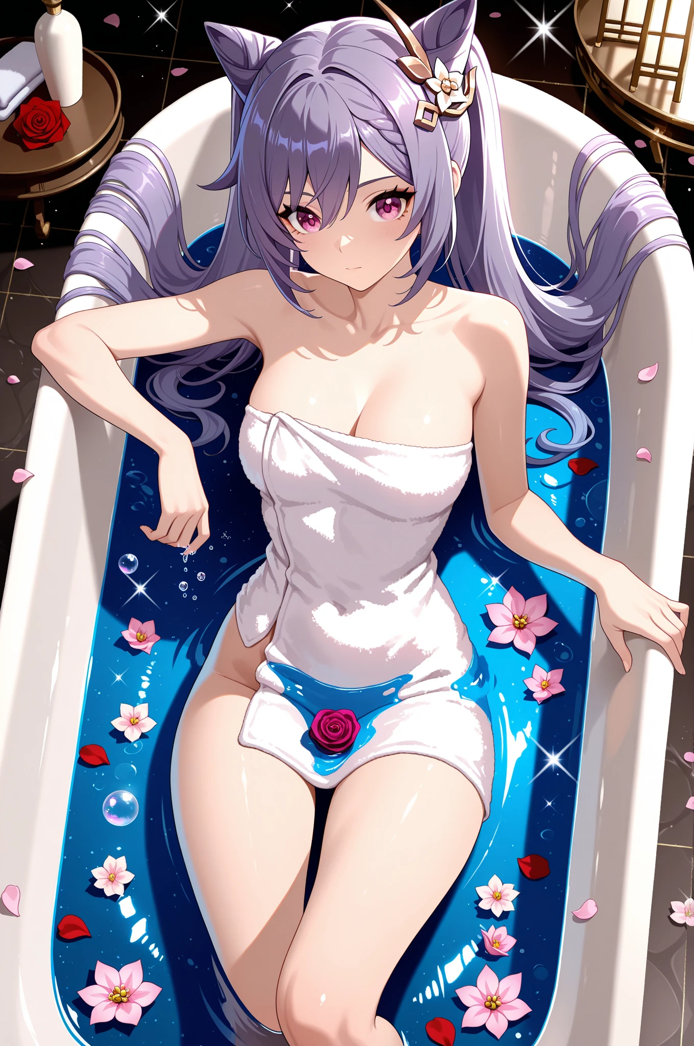 anime girl in a bathtub with a rose, bathtub, bath, bubble bath, rose petals bath with rose petals in the bath, the girl has long red wet hair, pretty girl, beautiful atmosphere, detailed fanart, full body art, in an anime style, official fanart, in anime style, high quality fanart, relaxing concept art, pixiv, in bathroom, relaxing, marin kitagawa fanart, fanart, relaxing mood, relaxing environment, lofi girl, hot girl complete in the bathtub, wet, wet long open hair, hot girl in bathtub, sexy, beautiful, cute, sexy, wet