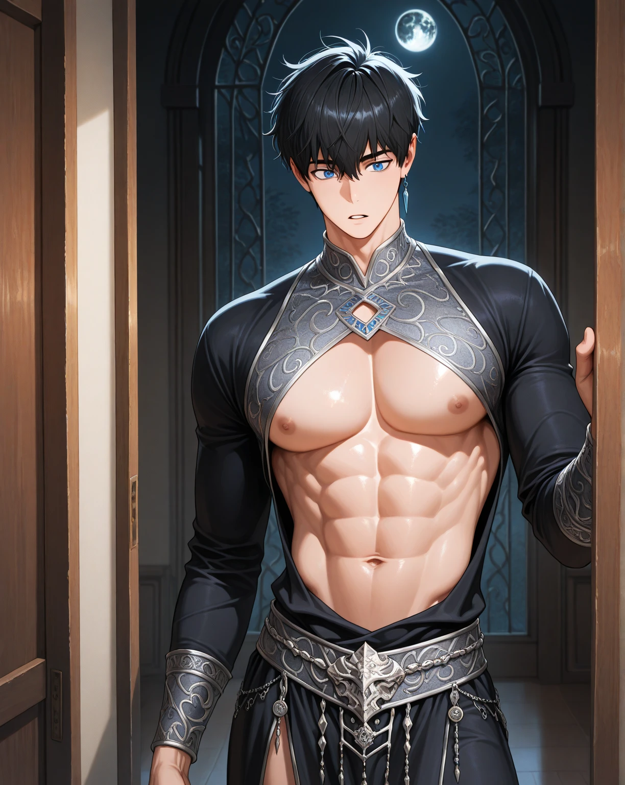 4k, anime illustration, [mature] male draph, ((cowboy shot)), muscular devil (man), flat pecs, [big arms], big hard penis, (black spiky hair), (glaring silver eyes:1.2), elegant, erotic, oozing sexual energy, homoerotic, sharp focus, soft lighting, vibrant colors, (masterpiece), (detailed face), ((detailed eyes)), symmetric face, symmetric eyes, evil smile, Reinhardtzar, highly detailed penis, (big balls), silky penis, big fresh testicles, standing, Sexual arousal,