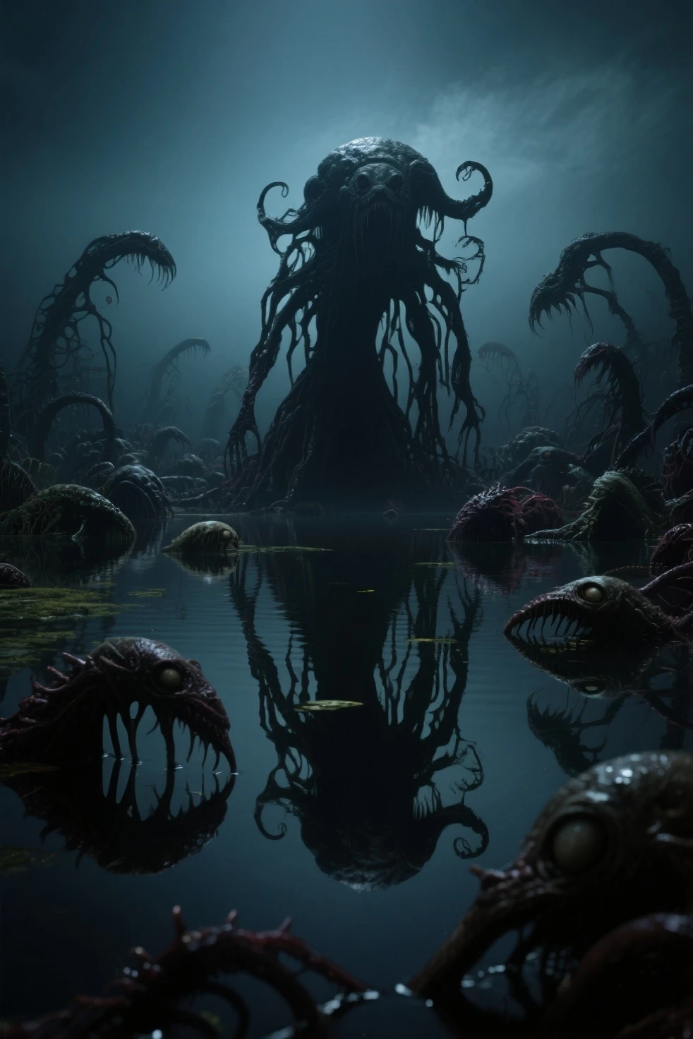 zombies, a post-apocalyptic garden, plant tentacles binding zombies, highly detailed, dark fantasy, cinematic lighting, dramatic composition, hyper-realistic, 8k, intricate details, lush vegetation, twisted roots, shambling undead, gnarled branches, vivid colors, photorealistic, masterpiece