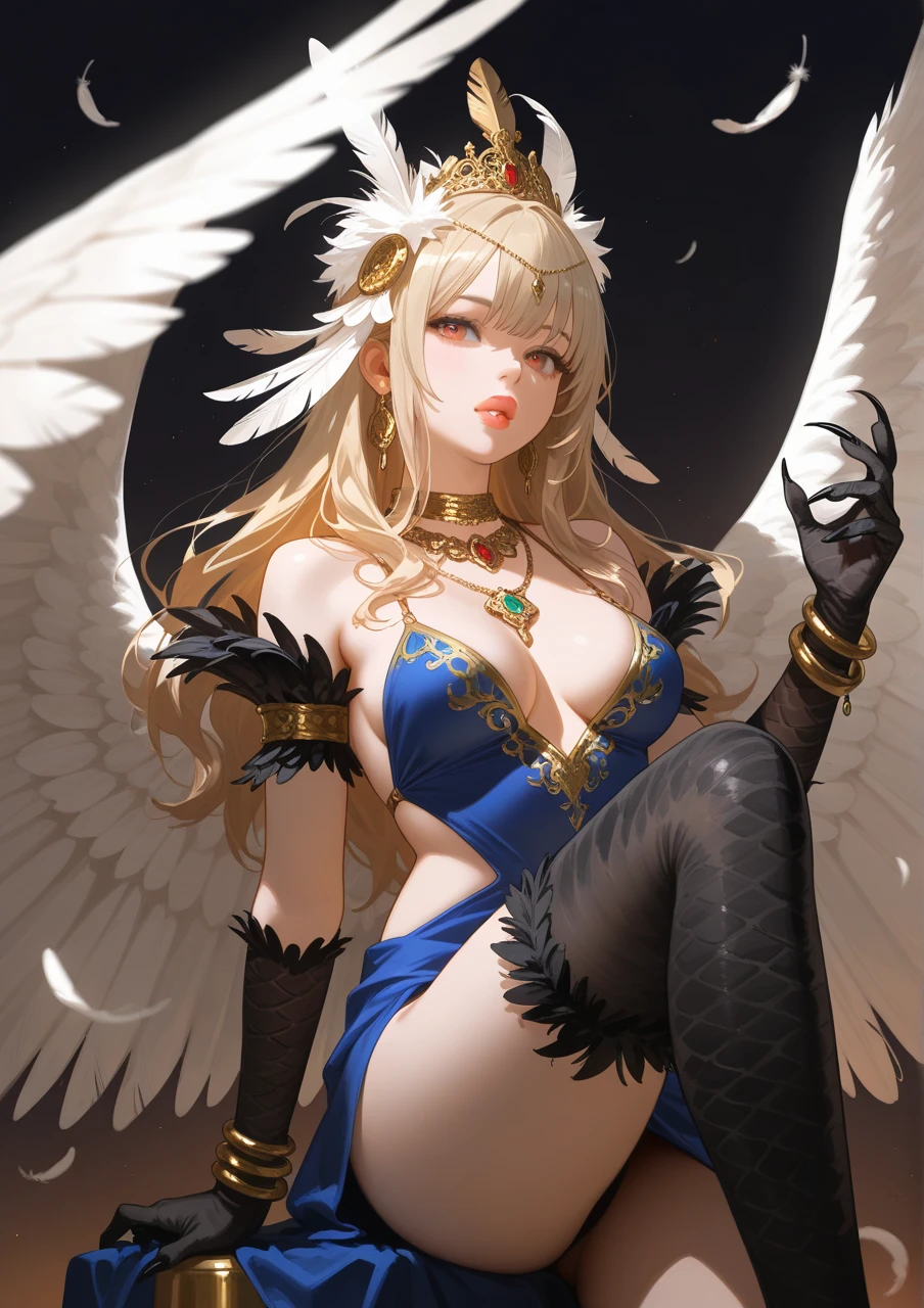 ((realistic: 1.5)),((best quality)), ((masterpiece)),((detailed)), woman, blonde haired, blue pupils , angel wings, focus on face, mature, intimidating expression, intimidating pose, long legs, curves, large breasts, closed neckline, sexy angelic clothing, thick thighs, leg tattoo, wide hips, long eyelashes, sitting on the throne, kingdom of heaven